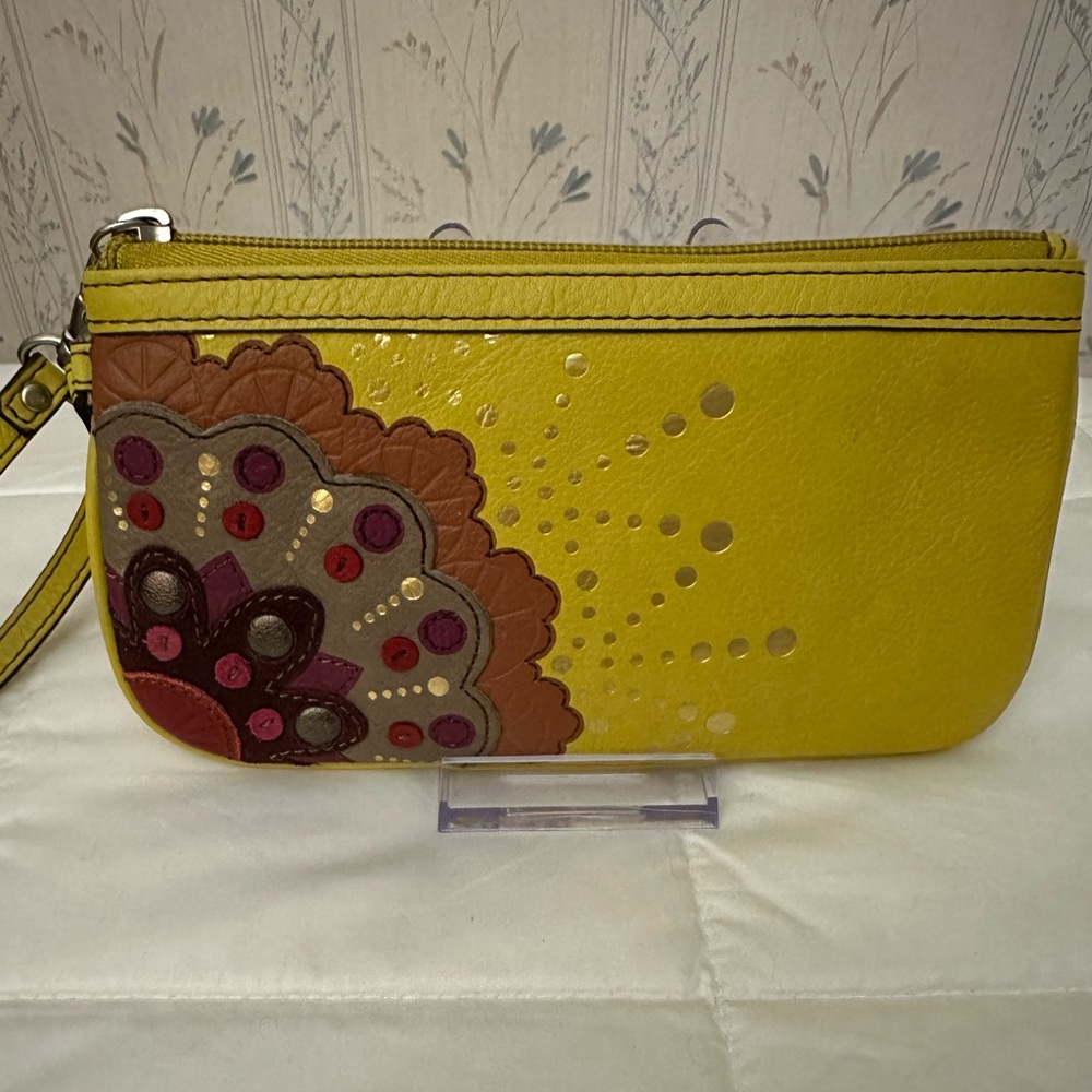 Fossil Yellow Leather Floral Wristlet